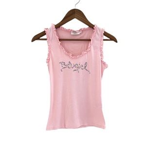 Vintage Blumarine Blugirl Pink Rhinestone Logo Ruffle Edge Tank Top